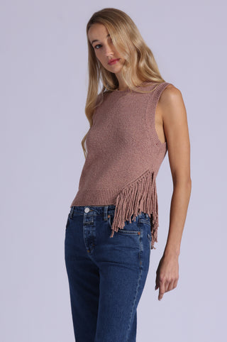 Textured Crew Neck Tank with Fringe
