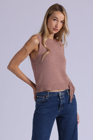 Textured Crew Neck Tank with Fringe
