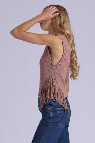 Textured Crew Neck Tank with Fringe