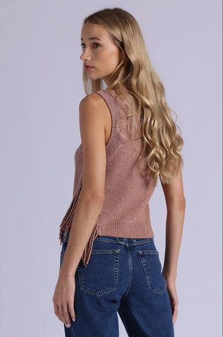 Textured Crew Neck Tank with Fringe