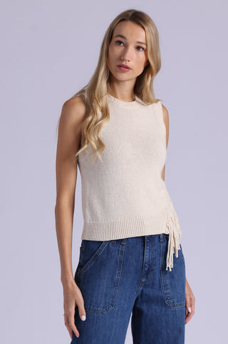 Textured Crew Neck Tank with Fringe