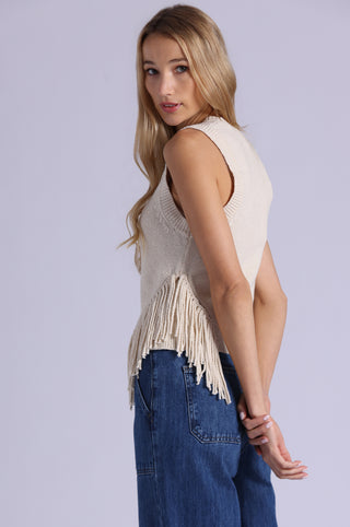 Textured Crew Neck Tank with Fringe