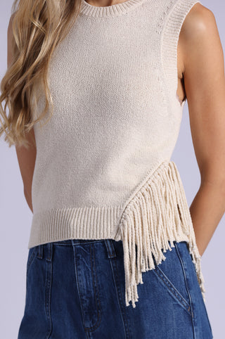 Textured Crew Neck Tank with Fringe