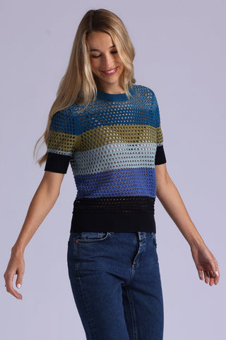Plaited Mesh Striped Short Sleeve Crew