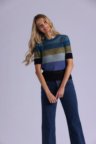 Plaited Mesh Striped Short Sleeve Crew