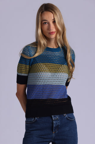 Plaited Mesh Striped Short Sleeve Crew