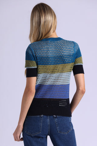 Plaited Mesh Striped Short Sleeve Crew
