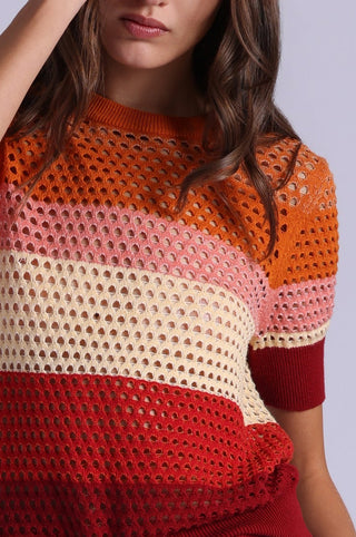 Plaited Mesh Striped Short Sleeve Crew