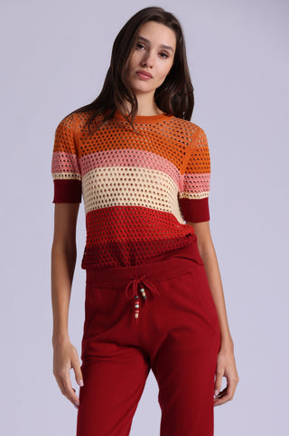 Plaited Mesh Striped Short Sleeve Crew