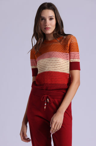 Plaited Mesh Striped Short Sleeve Crew