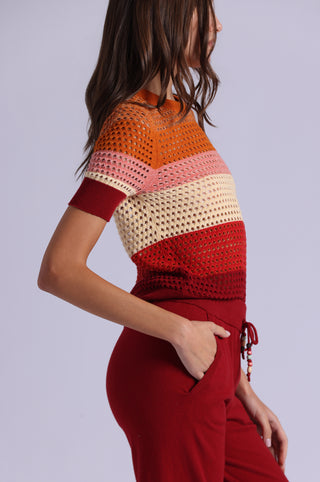 Plaited Mesh Striped Short Sleeve Crew