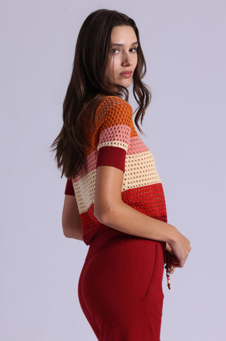 Plaited Mesh Striped Short Sleeve Crew
