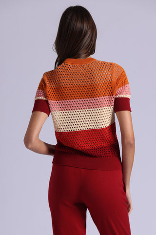 Plaited Mesh Striped Short Sleeve Crew