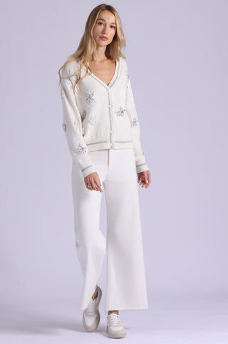Cotton Cashmere Pearl Applique Cardigan With Sheer Tipping
