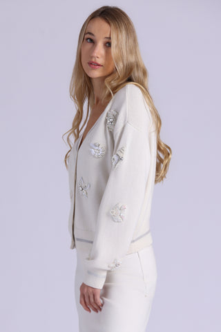 Cotton Cashmere Pearl Applique Cardigan With Sheer Tipping