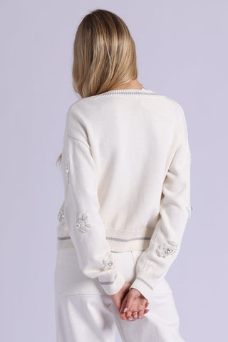 Cotton Cashmere Pearl Applique Cardigan With Sheer Tipping