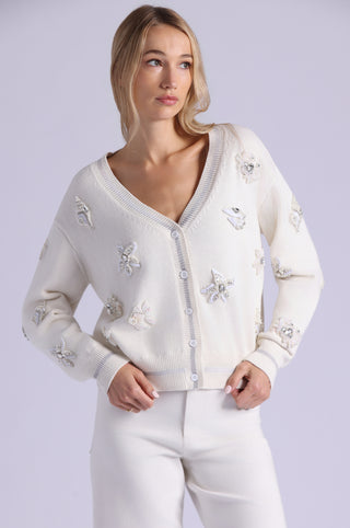 Cotton Cashmere Pearl Applique Cardigan With Sheer Tipping
