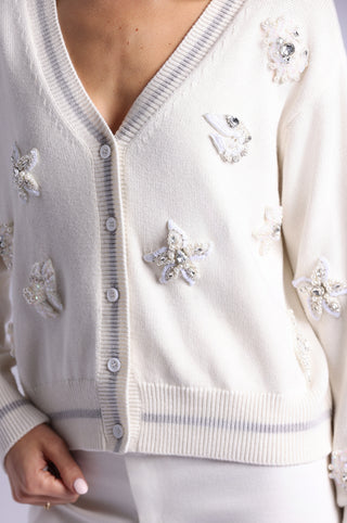 Cotton Cashmere Pearl Applique Cardigan With Sheer Tipping