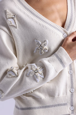Cotton Cashmere Pearl Applique Cardigan With Sheer Tipping