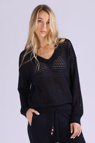 Solid Mesh Long Sleeve V Neck
