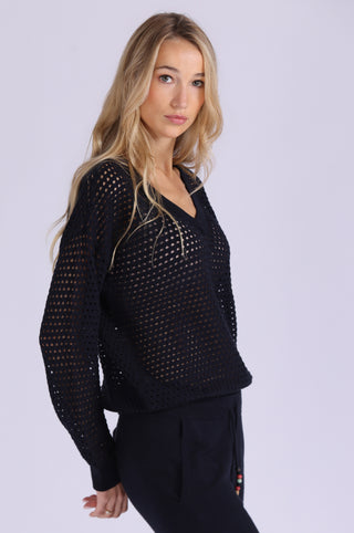 Solid Mesh Long Sleeve V Neck
