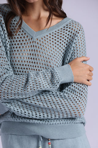 Solid Mesh Long Sleeve V Neck