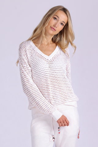 Solid Mesh Long Sleeve V Neck