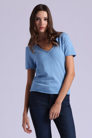 Short Sleeve V Neck Tee with Rolled Edges