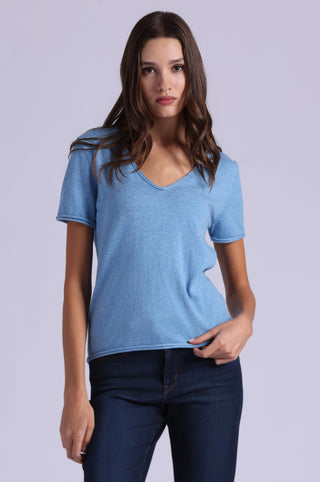 Short Sleeve V Neck Tee with Rolled Edges