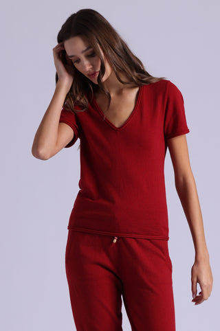 Short Sleeve V Neck Tee with Rolled Edges