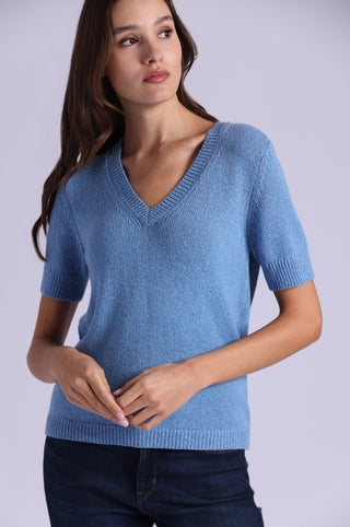 Textured Short Sleeve V Neck
