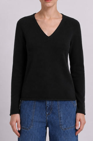 Sheer Luxury Cashmere Long Sleeve V Neck with Rolled Trims