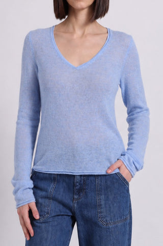Sheer Luxury Cashmere Long Sleeve V Neck with Rolled Trims