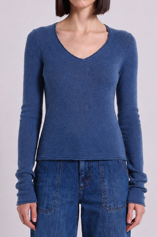 Sheer Luxury Cashmere Long Sleeve V Neck with Rolled Trims