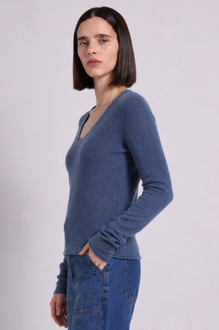 Sheer Luxury Cashmere Long Sleeve V Neck with Rolled Trims