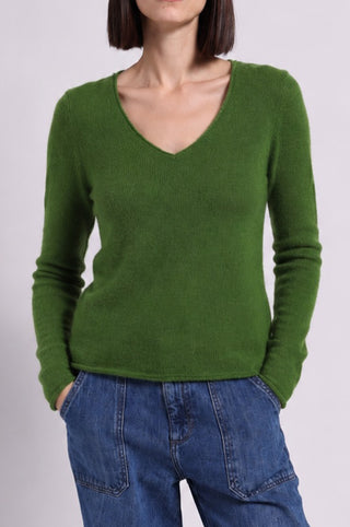 Sheer Luxury Cashmere Long Sleeve V Neck with Rolled Trims