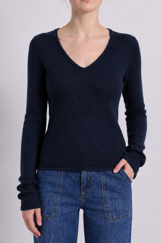 Sheer Luxury Cashmere Long Sleeve V Neck with Rolled Trims