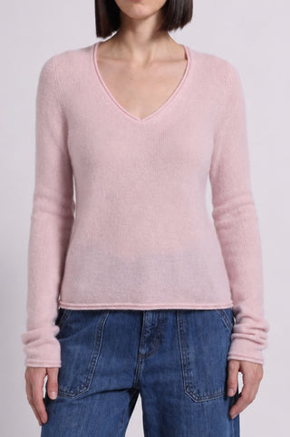 Sheer Luxury Cashmere Long Sleeve V Neck with Rolled Trims