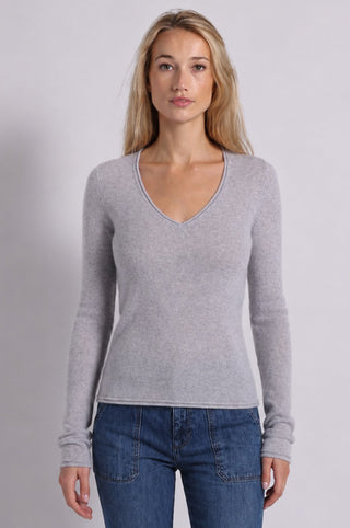 Sheer Luxury Cashmere Long Sleeve V Neck with Rolled Trims