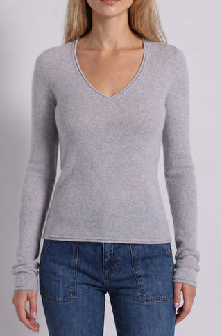 Sheer Luxury Cashmere Long Sleeve V Neck with Rolled Trims