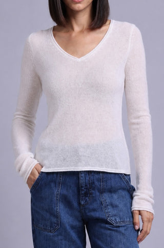 Sheer Luxury Cashmere Long Sleeve V Neck with Rolled Trims