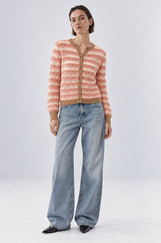 Striped Pointelle Cropped Long Sleeve Puff Cardigan