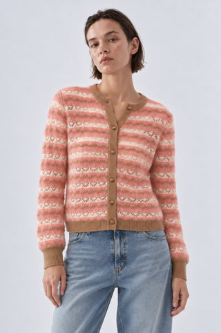 Striped Pointelle Cropped Long Sleeve Puff Cardigan