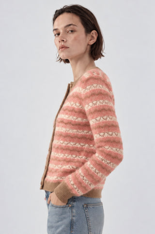 Striped Pointelle Cropped Long Sleeve Puff Cardigan