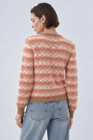Striped Pointelle Cropped Long Sleeve Puff Cardigan