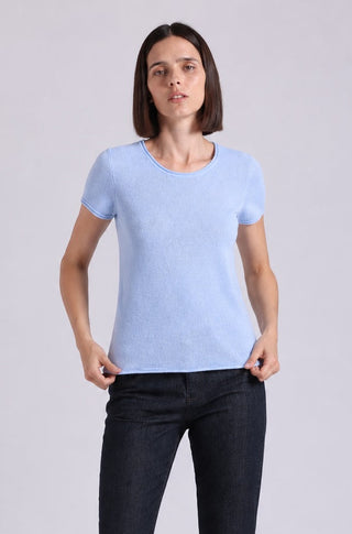 Sheer Luxury Cashmere Short Sleeve Tee with Rolled Trims