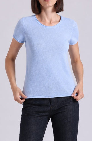 Sheer Luxury Cashmere Short Sleeve Tee with Rolled Trims
