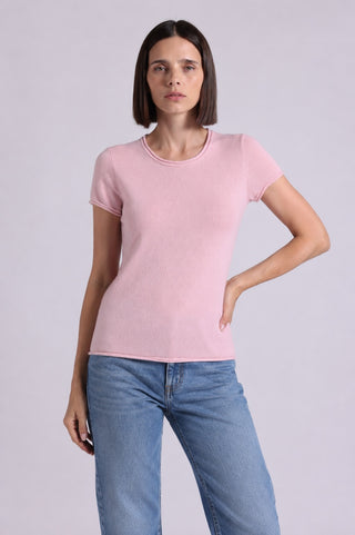 Sheer Luxury Cashmere Short Sleeve Tee with Rolled Trims