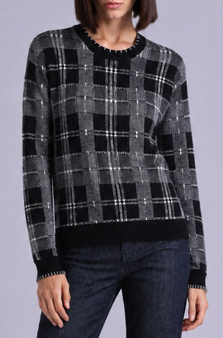 Wool Cashmere Plaid Crew with Blanket Stitch