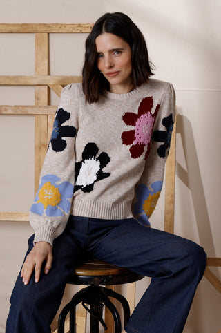 Marled Flower Pleated Crew Neck